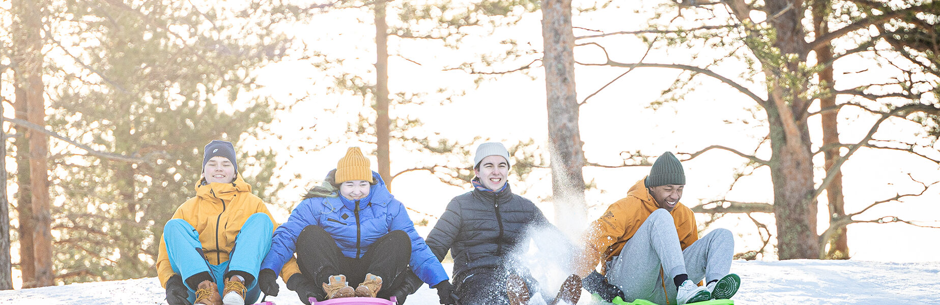 Nuoria laskemassa pulkkamäessä.