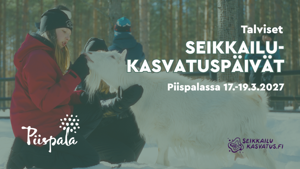 Seikkailukasvatuspäivien mainoskuva, jossa vuohia aitauksessa talvella.