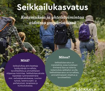 Seikkailukasvatusesitteen kansikuva, jossa nuoria lähdössä metsäretkelle.