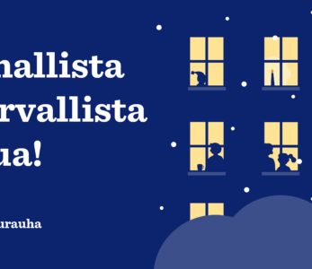 Rauhallista ja turvallista joulua! Piirretty kerrostalo, jossa valoja ikkunoissa.