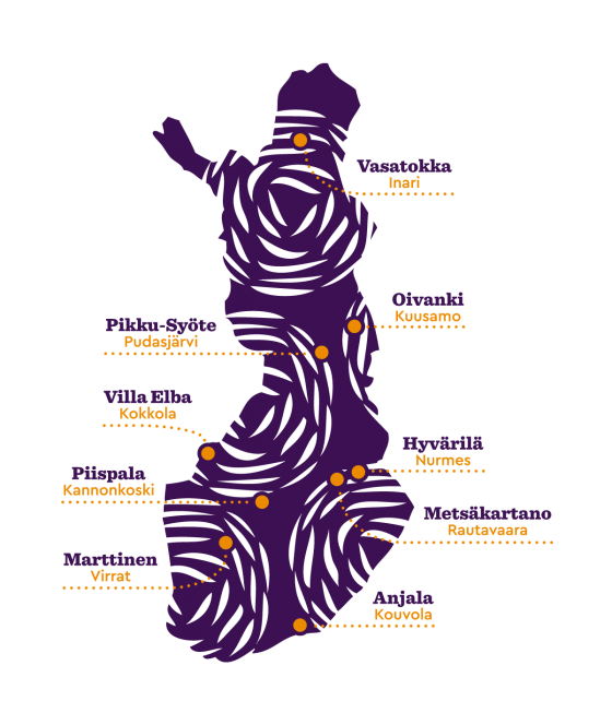Suomen nuorisokeskukset kartalla.